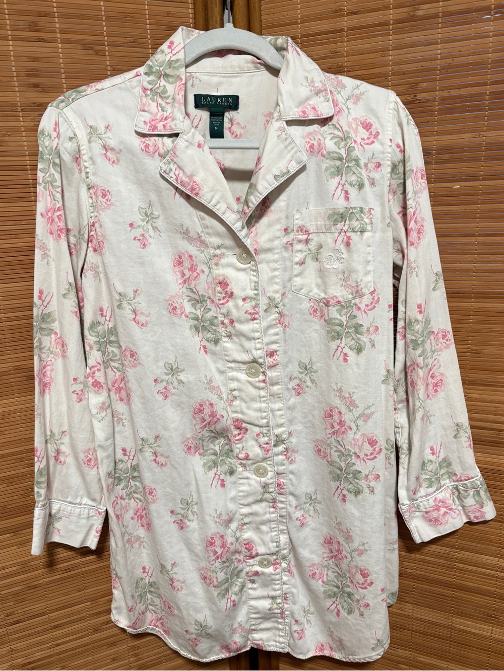 Ralph Lauren White Floral Button-Down Shirt with Pink Roses